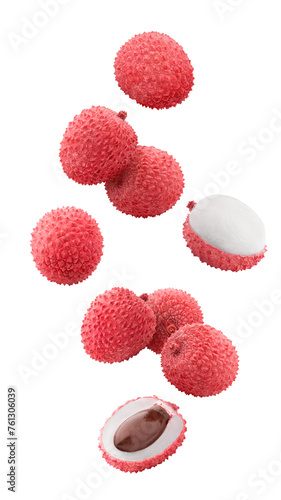 Falling lychee, isolated on white background, full depth of field