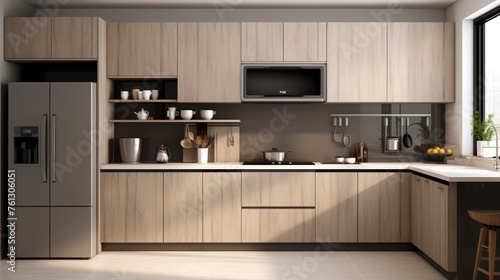 Modern kitchen with efficient appliances and organized cabinets in minimalist, cozy home
