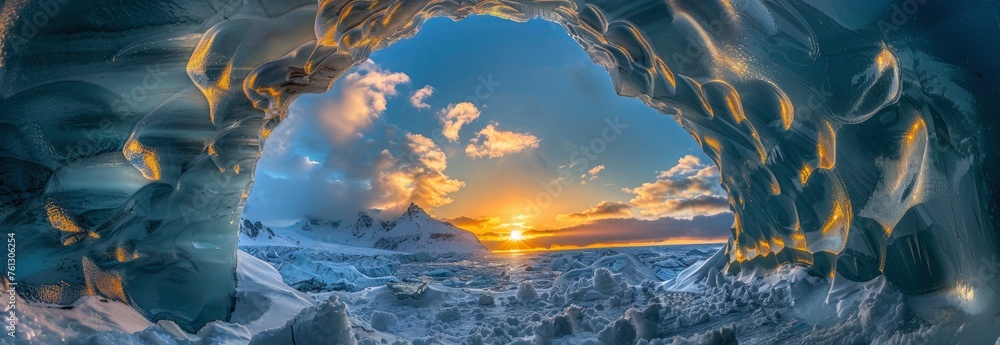 The sunset shines through the hole in an ice cave