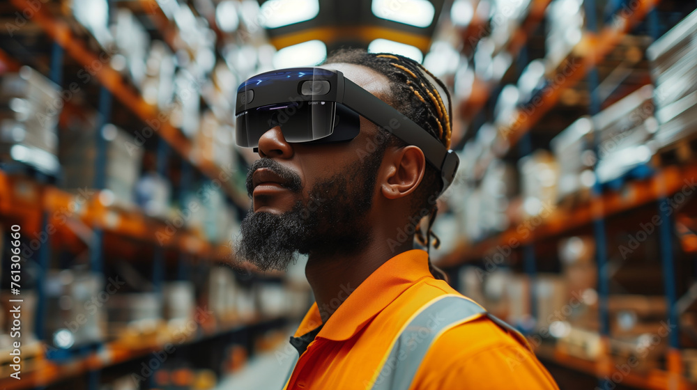Augmented Reality Picking warehouse workers wearing AR glasses or headsets, which provide real-time picking instructions and navigation cues for faster and more accurate order fulfillment. Augmented Reality Picking warehouse workers wearing AR glasses or headsets, which provide real-time picking instructions and navigation cues for faster and more accurate order fulfillment.