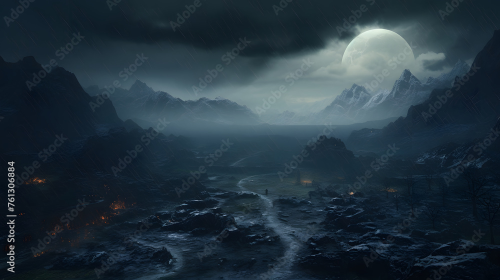 Mystical Moonlit Mountainous Landscape with Rain