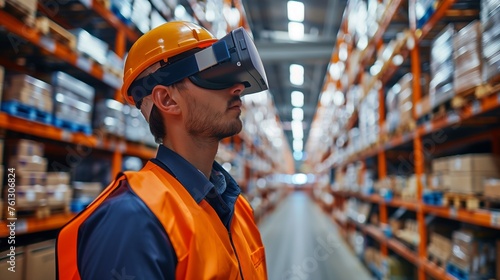 Augmented Reality Picking warehouse workers wearing AR glasses or headsets, which provide real-time picking instructions and navigation cues for faster and more accurate order fulfillment. photo