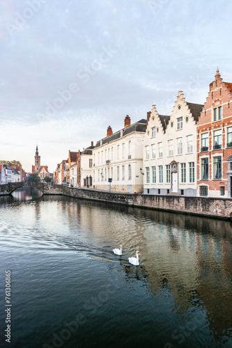The golden hour at sunrise in the historic center of Bruges, Belgium in early autumn
