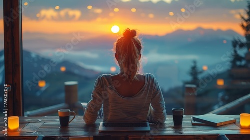 A women sits at a table with a laptop and a coffee mug. Facing the mountain range sunrise