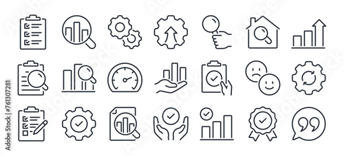 Evaluation and assess editable stroke outline icons set  isolated on white background flat vector illustration. Pixel perfect. 64 x 64.