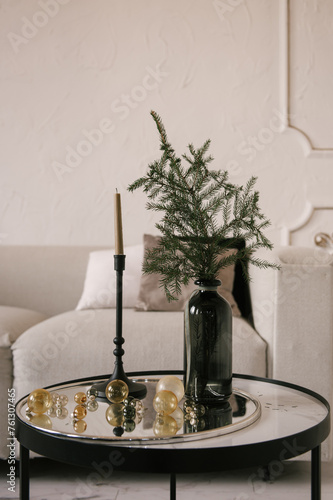 Stylish modern classic interior with sofa, table and stucco walls