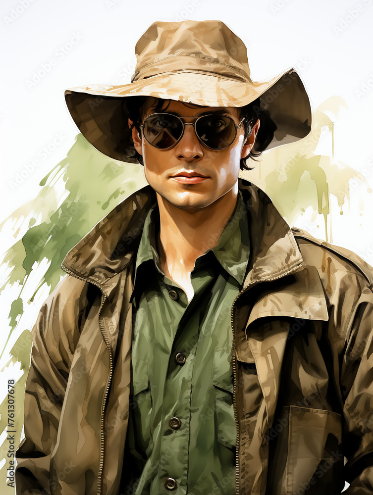 Portrait of a handsome young man wearing a wide-brimmed hat and sunglasses. Watercolor illustration.