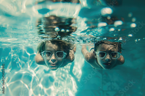 two kids swimming under the water of a pool photo