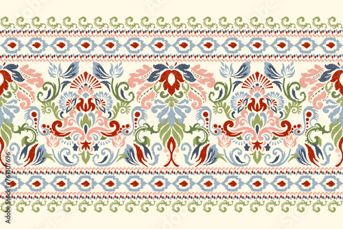 Scarf pattern.Indian Ikat floral embroidery on white background vector illustration.flower hand drawn pattern,ink on cloth concept.