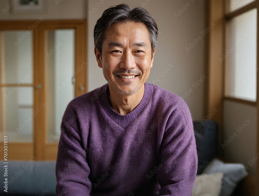 Obraz premium Photo of a happy middle-aged Japanese man in casual clothes inside a bright apartment, 
