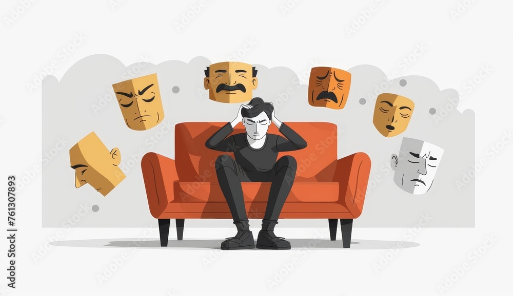 Illustration of a man sitting on the couch, holding his head in his hands and surrounded by various emotional masks floating around him. 