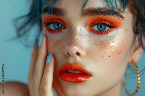 Gorgeous girl with a unique haircut, vivid cosmetics, a red lip, and a creative manicure. attractive countenance. artistic nails.