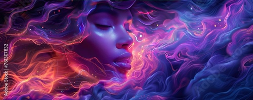 Fantasy Radiance. Womans Face Adorned with Colorful Hair and Neon Waves, Enveloped in a Vibrant Palette of Neon Hues