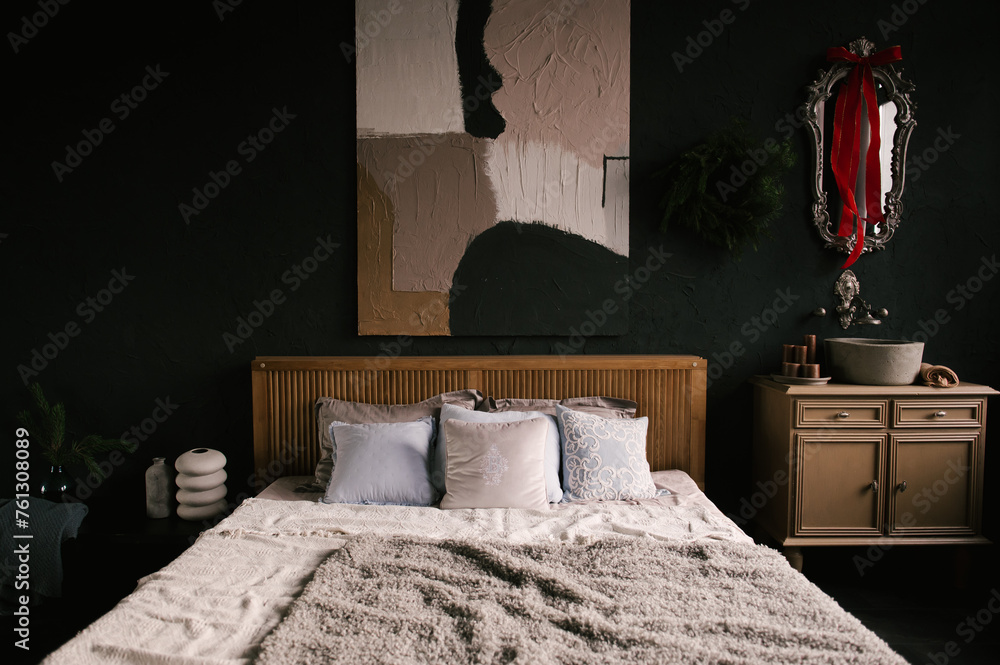 Stylish modern japandi interior, wooden bed with beautiful textiles