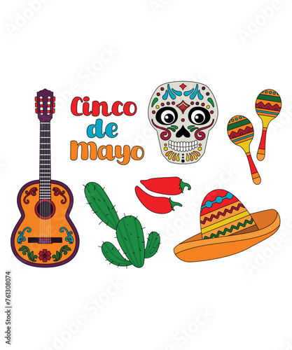 Cinco De Mayo Vectors Of Sugarskull Cactus Guitar Sombrero Maracas And Pepper