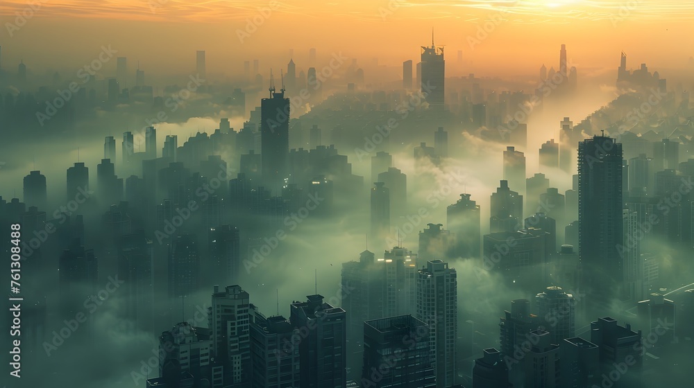 Obscured Cityscape: Hazy Metropolis Enveloped in Atmospheric Smog