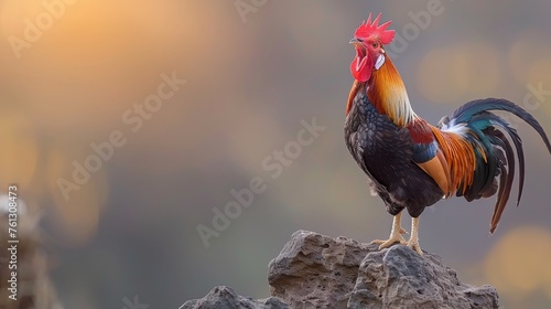 Regal rooster crowing at sunrise in a picturesque farm setting at the break of dawn