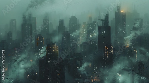 Smog-Enshrouded Cityscape of Towering Skyscrapers in the Hazy Nighttime