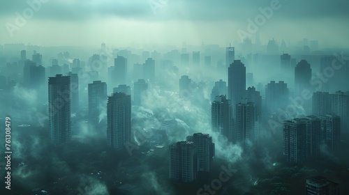 Shrouded Metropolis: An Atmospheric Cityscape Enveloped in Smog and Uncertainty