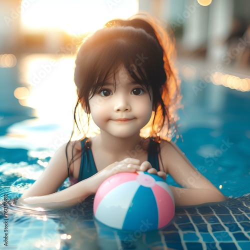  Child in swimming pool with ball. Kids swim.