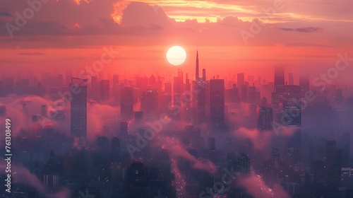 Radiant Skyline Shrouded in Smog: A Dystopian Glimpse of Urban Transformation