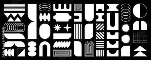 Abstract shapes, basic brutal forms and retro figures in Y2K aesthetics, vintage stickers, logos and labels. Decorative design element set, vector illustration.