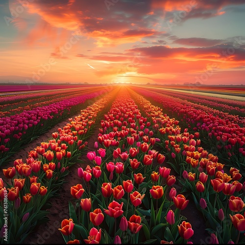A field of vibrant tulips stretches towards the horizon, painting the landscape in a riot of color