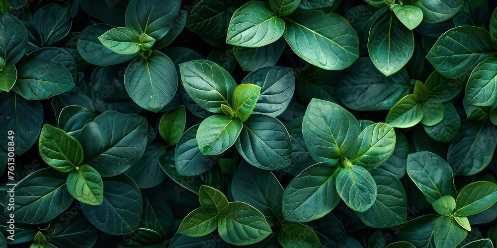 Closeup of lush green leaves on a dark background in a tranquil natural setting Closeup of lush green leaves on a dark background in a tranquil natural setting
