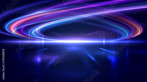High-speed light trails effect. Abstract digital technology background. Futuristic high-tech innovation, Network connection, AI, communication, big data. Pattern for banner, website. Vector eps10.
