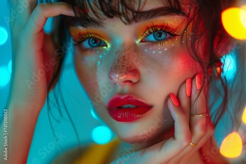 Gorgeous girl with a unique haircut, vivid cosmetics, a red lip, and a creative manicure. attractive countenance. artistic nails.