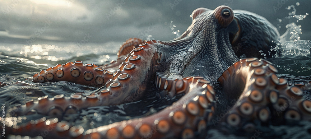 the tentacles of a huge octopus monster peek out of the water