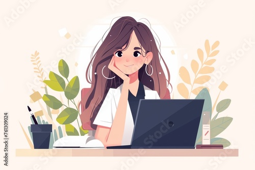 woman sitting at desk with laptop, flat vector illustration with office plants and minimal background 