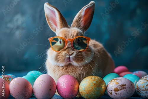 Cute Easter bunny with sunglasses surrounded by colorful eggs, Easter concept, copy space for text, banner design.