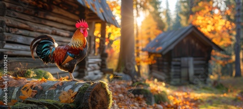 Regal rooster crows majestically at sunrise in a picturesque rural farm landscape photo