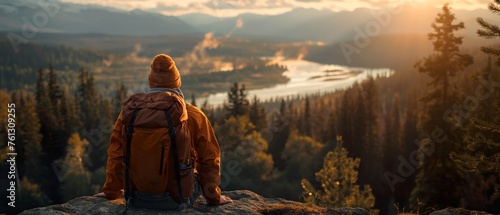 Backpacker contemplates a calm lake surrounded by autumnal mountain scenery, symbolizing a journey of adventure, hiking, and connection with nature