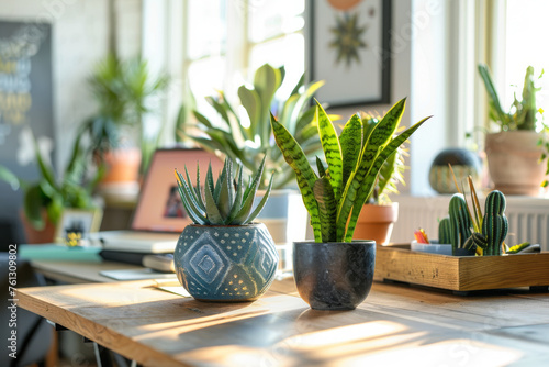 Sunlit Home Office Desk with Vibrant Indoor Plants photo