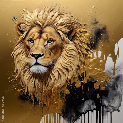 Experience abstract artistry with textured shadows  golden splashes  and alcohol ink on canvas  evoking the untamed spirit of lions in vibrant relief.