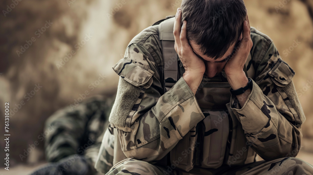 A distraught soldier, possibly suffering from shell shock or Post Traumatic Stress Disorder