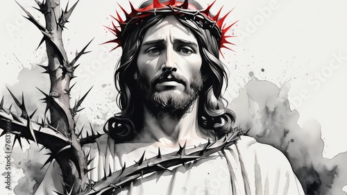 Black and white watercolor illustration of Jesus Christ with a red crown of thorns with copy space