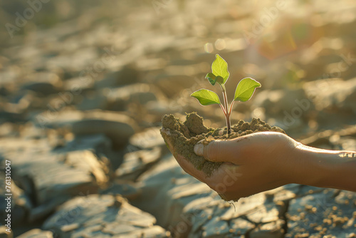 Nurturing New Life: Hand Holding Young Plant Against Sunlit Rocky Terrain