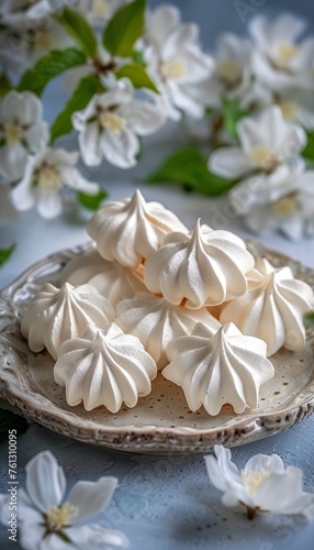 Professional food photography of meringue cookies on kitchen table for commercial use