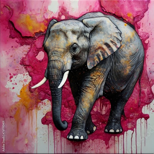 Delve into abstract artistry with textured shadows, pink splashes, and alcohol ink, capturing the majestic presence of elephants in vibrant relief.