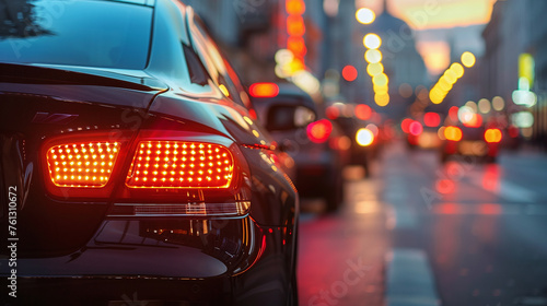 Close-up of the taillights of a black car on a city street at sunset