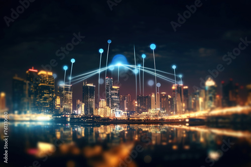 Illustration Of Modern Night City With High Skyscrapers With Blue Lights And Trails, Communications And High Speed Internet Technologies In The City