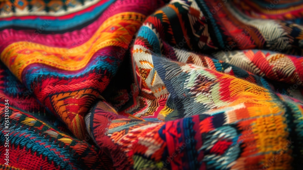 Patterned fabric from South America, characterized by vibrant colors and intricate designs, skillfully folded to highlight its traditional beauty. Patterned fabric from South America, characterized by vibrant colors and intricate designs, skillfully folded to highlight its traditional beauty.