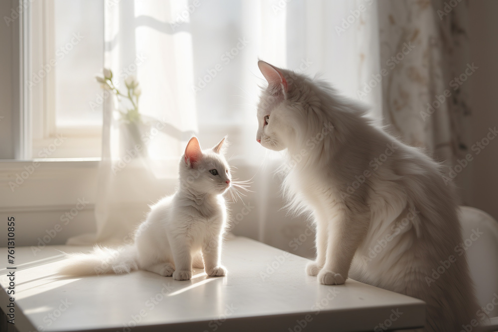 Norwegian Forest White Cat And Its Kitten Playing In White Kitchen