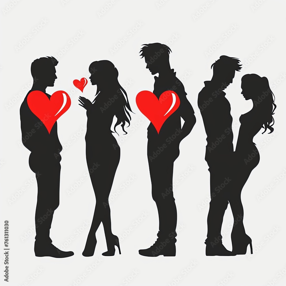 People with hearts are like a love triangle. Silhouette vector illustration. generative ai
