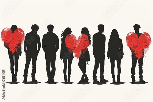 People with hearts are like a love triangle. Silhouette vector illustration. generative ai