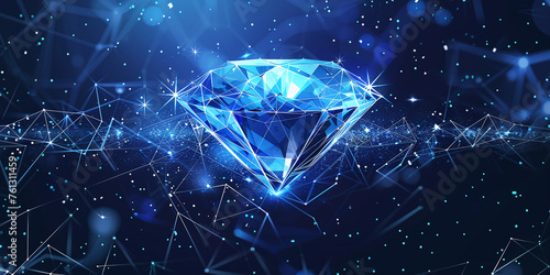 Abstract blue diamond on digital background with polygonal light lines photo
