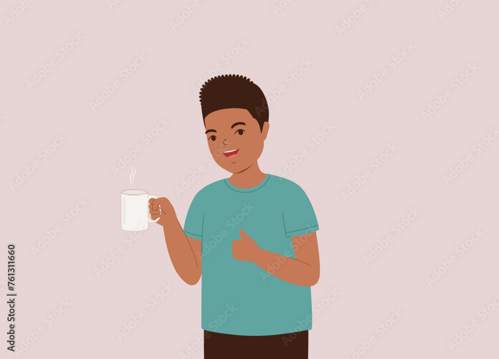 One Smiling Black Little Boy Showing His Drinks With Thumbs Up. Half Length. One Smiling Black Little Boy Showing His Drinks With Thumbs Up. Half Length.